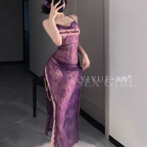 Đầm Ngủ Maxi Ren Hoa Xẻ Tà Đùi Gợi Cảm Thanh Lịch Váy Ngủ Dài 2 Dây Cổ Yếm Dáng Body Quyến Rũ Đáng Yêu - N286 Tím