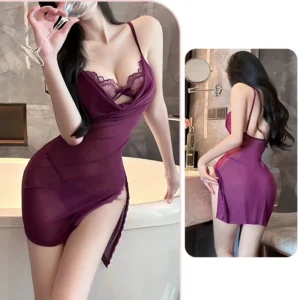 Váy Ngủ 2 Dây Ren Mềm Mịn Xẻ Tà Hông Quyến Rũ Tinh Tế Đầm Body Quảng Châu Mặc Nhà Kèm Chip Xinh Gợi Cảm - N185 Tím