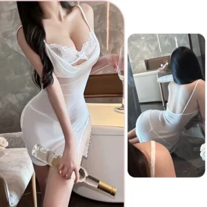 Váy Ngủ 2 Dây Ren Mềm Mịn Xẻ Tà Hông Quyến Rũ Tinh Tế Đầm Body Quảng Châu Mặc Nhà Kèm Chip Xinh Gợi Cảm - N185 Trắng