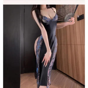 Đầm Ngủ Dài Phối Ren Hoa Xẻ Tà Quyến Rũ Sang Trọng Váy Sườn Xám Ôm Body Xẻ V1 Tôn Dáng Gợi Cảm - N244 Xanh Đen
