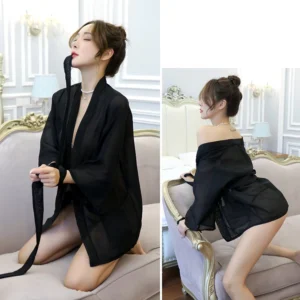 Áo Choàng Ngủ Sexy Voan Mỏng Phối Ren Cao Cấp Set Ngủ Nữ Tay Dài Kèm Chip Gợi Cảm - N132 Đen