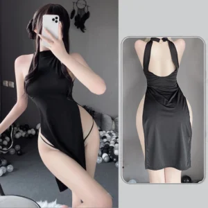 Váy Ngủ Sườn Xám Dài Xẻ Cao Hông Sexy Gợi Cảm Đầm Nữ Hở Lưng Tặng Quần Chip Lọt Khe Quyến Rũ - N158 Đen