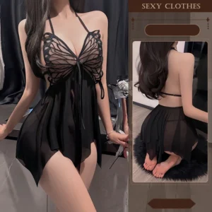 Váy Ngủ Sexy Cánh Bướm Ren Xuyên Thấu Xẻ Tà Gợi Cảm Đầm Cổ Yếm Hở Lưng Tặng Chip Lọt Khe Quyến Rũ - N214 Đen