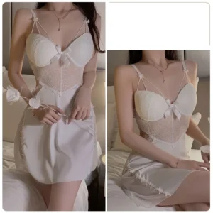 Váy Ngủ Lụa Cao Cấp Có Mút Ngực Phối Ren Sexy Gợi Cảm Đầm Thức 2 Dây Hở Lưng Tặng Chip Quyến Rũ - N160 Trắng