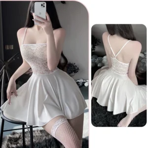 Váy Ngủ Sexy Mặc Nhà Dáng Xòe Phối Ren Hoa Gợi Cảm Dễ Thương Đầm 2 Dây Thun Mềm Mịn Quyến Rũ - N230 Trắng