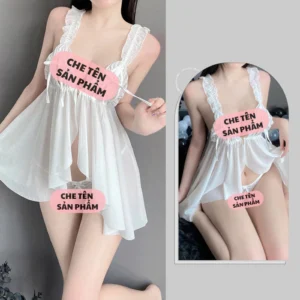 Váy Ngủ Xẻ Tà Khoá Cài Ngực Trước Xinh Xắn Gợi Cảm Đầm Mặc Nhà Ren Xuyên Thấu Mềm Mại Tặng Chip Quyến Rũ - N148 Trắng