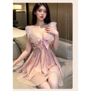 Váy Ngủ Sexy Lụa Phối Ren Chấm Bi Đẹp Xinh Gợi Cảm Đầm Mặc Nhà Dáng Xòe Phối Nơi Dễ Thương Cao Cấp - N169 Hồng