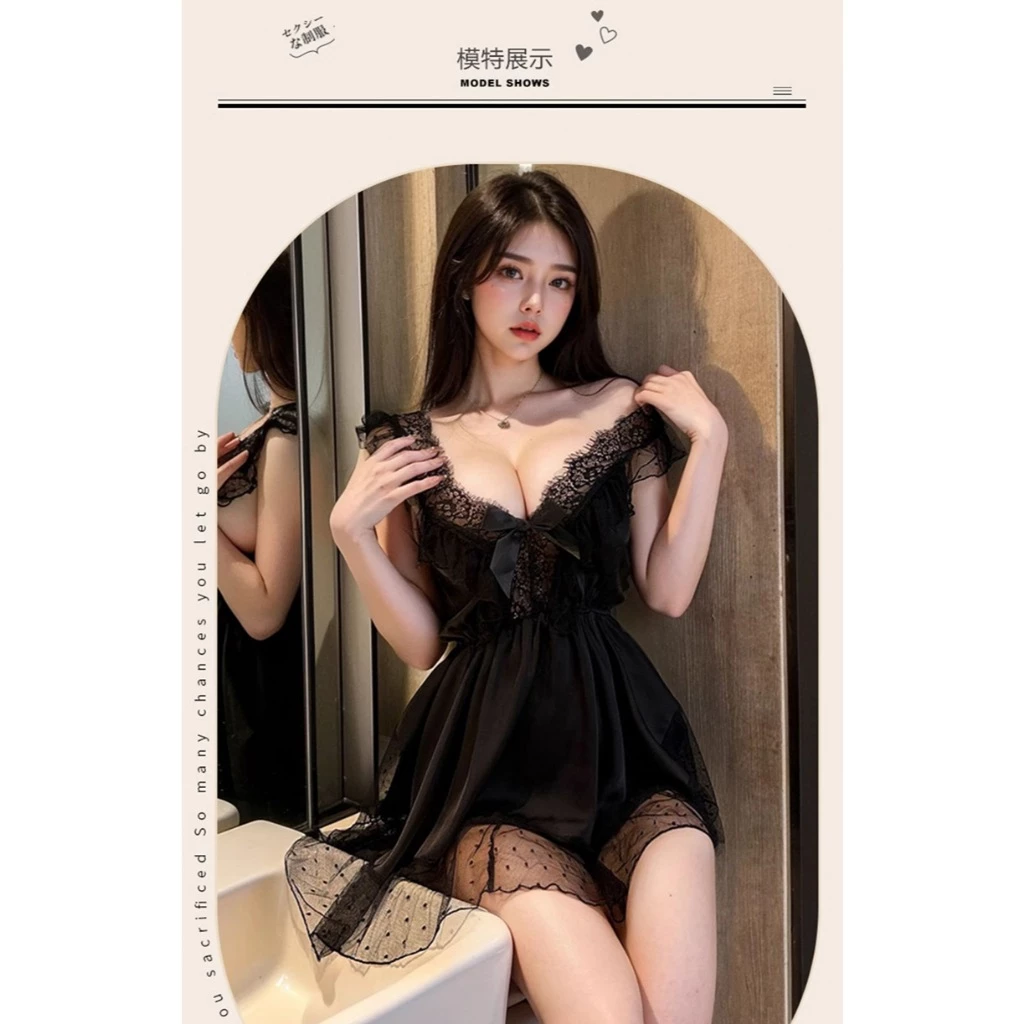 Váy Ngủ Sexy Lụa Phối Ren Chấm Bi Đẹp Xinh Gợi Cảm Đầm Mặc Nhà Dáng Xòe Phối Nơi Dễ Thương Cao Cấp - N169 Đen 6 vn 11134207 7r98o lwa7cebuy0nvfc