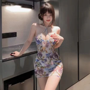 Váy Ôm Body Đi Biển Xuyên Thấu Siêu Hot Gợi Cảm Đầm Ngủ Hở Lưng Khoét Ngực Kèm·Chip Sexy Quyến Rũ - N248 Trắng Hoa