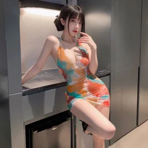 Váy Ôm Body Đi Biển Xuyên Thấu Siêu Hot Gợi Cảm Đầm Ngủ Hở Lưng Khoét Ngực Kèm·Chip Sexy Quyến Rũ - N248 Cam Xanh