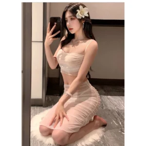 Váy Ngủ Sexy Ren Xuyên Thấu Dài Ôm Dáng Gợi Cảm Set Ngủ Nữ Mỏng 2 Mảnh Xinh Quyến Rũ - N249 Trắng