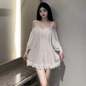 Đầm Thức Ren Xuyên Thấu Sexy Trễ Vai Dáng Tiểu Thư Siêu Xinh Gợi Cảm Váy Ngủ Nữ 2 Dây Quyến Rũ - N166 Trắng