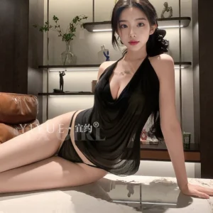 Bộ Đồ Ngủ Yếm Ren Xuyên Thấu Cột Dây Gợi Cảm Cuốn Hút Váy Ngủ Voan Hở Lưng Tặng Chip Quyến Rũ Ngọt Ngào - N125 Đen