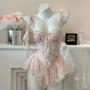 Váy Ngủ Sexy Cánh Tiên Ren Hoa Có Gọng Kèm Garter Nịt Tất Gợi Cảm Sang Chảnh Áo Corset Định Hình Dáng Xoè Quyến Rũ - N820 Trắng