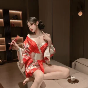Đồ Ngủ Kimono Nhât Bản Xẻ Ngực Gợi Cảm Tinh Tế Cosplay Sexy Áo Choàng Ngủ Hoa Anh Đào Quyến Rũ Ngọt Ngào - N844 Đỏ