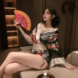 Đồ Ngủ Kimono Nhât Bản Xẻ Ngực Gợi Cảm Tinh Tế Cosplay Sexy Áo Choàng Ngủ Hoa Anh Đào Quyến Rũ Ngọt Ngào - N844 Đen