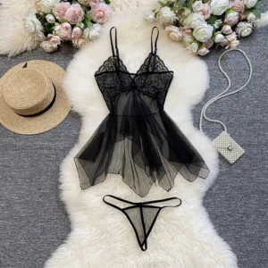 Bộ Đồ Váy Ngủ Nữ Sexy Ren Đuôi Cá Xuyên Thấu Gợi Cảm Đầm 2 Dây Kèm Quần Lót Lọt Khe Siêu Quyến Rũ - N118 Đen