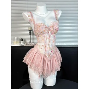 Váy Ngủ Sexy Cánh Tiên Ren Hoa Có Gọng Kèm Garter Nịt Tất Gợi Cảm Sang Chảnh Áo Corset Định Hình Dáng Xoè Quyến Rũ - N820 Hồng Nhạt