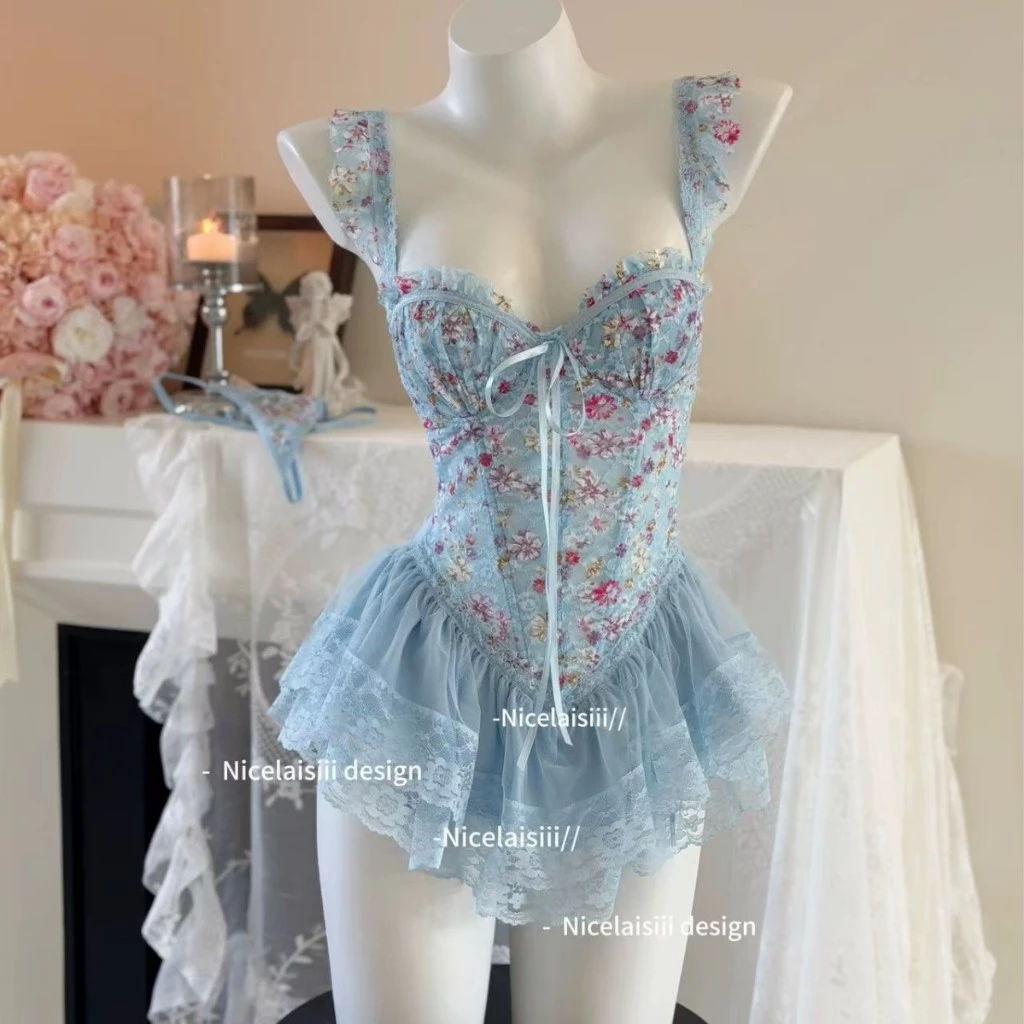 Váy Ngủ Sexy Cánh Tiên Ren Hoa Có Gọng Kèm Garter Nịt Tất Gợi Cảm Sang Chảnh Áo Corset Định Hình Dáng Xoè Quyến Rũ - N820 Xanh 6 vn 11134207 81ztc