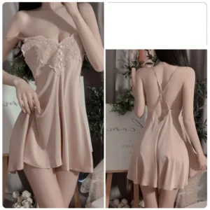 Váy Ngủ Lụa Sexy Phối Ren Hoa Gợi Cảm Tinh Tế Đầm Thức 2 Dây Chéo Lưng Tặng Chip Quyến Rũ Sang Trọng - N136 Hồng Nude