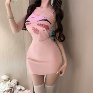 Váy Ngủ Body Hoạ Tiết Hoạt Hình Anime Đáng Yêu Gợi Cảm Đầm Sexy 2 Dây Thun Đũi Dáng Ôm Cực Xinh Quyến Rũ - N287 Hồng